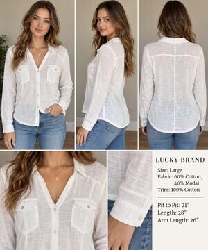 Lucky Brand White Slub Knit Button Front Shirt L Coastal Boho